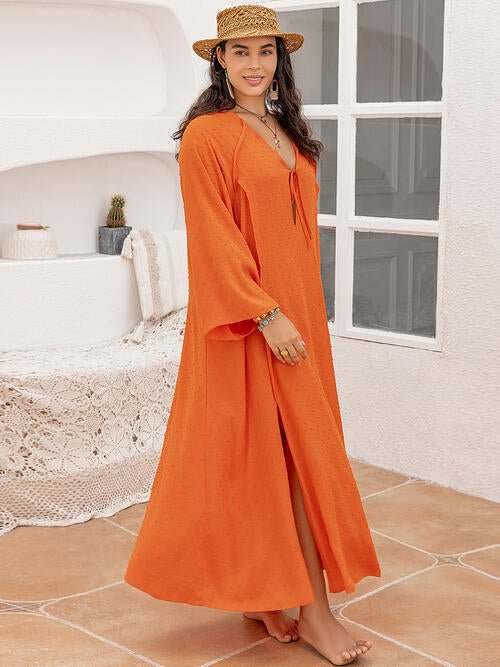 Plus Size Tie Neck Long Sleeve Slit Dress - Guy Christopher