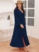 Plus Size Tie Neck Long Sleeve Slit Dress - Guy Christopher