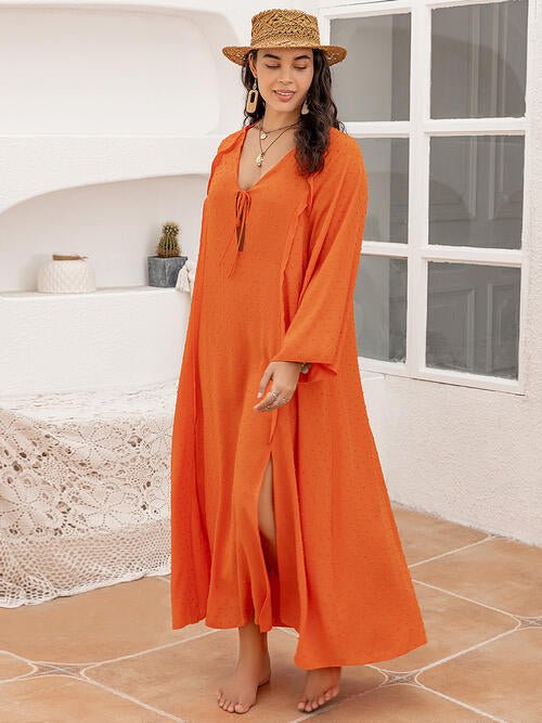 Plus Size Tie Neck Long Sleeve Slit Dress - Guy Christopher