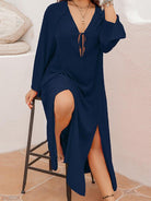 Plus Size Tie Neck Long Sleeve Slit Dress - Guy Christopher