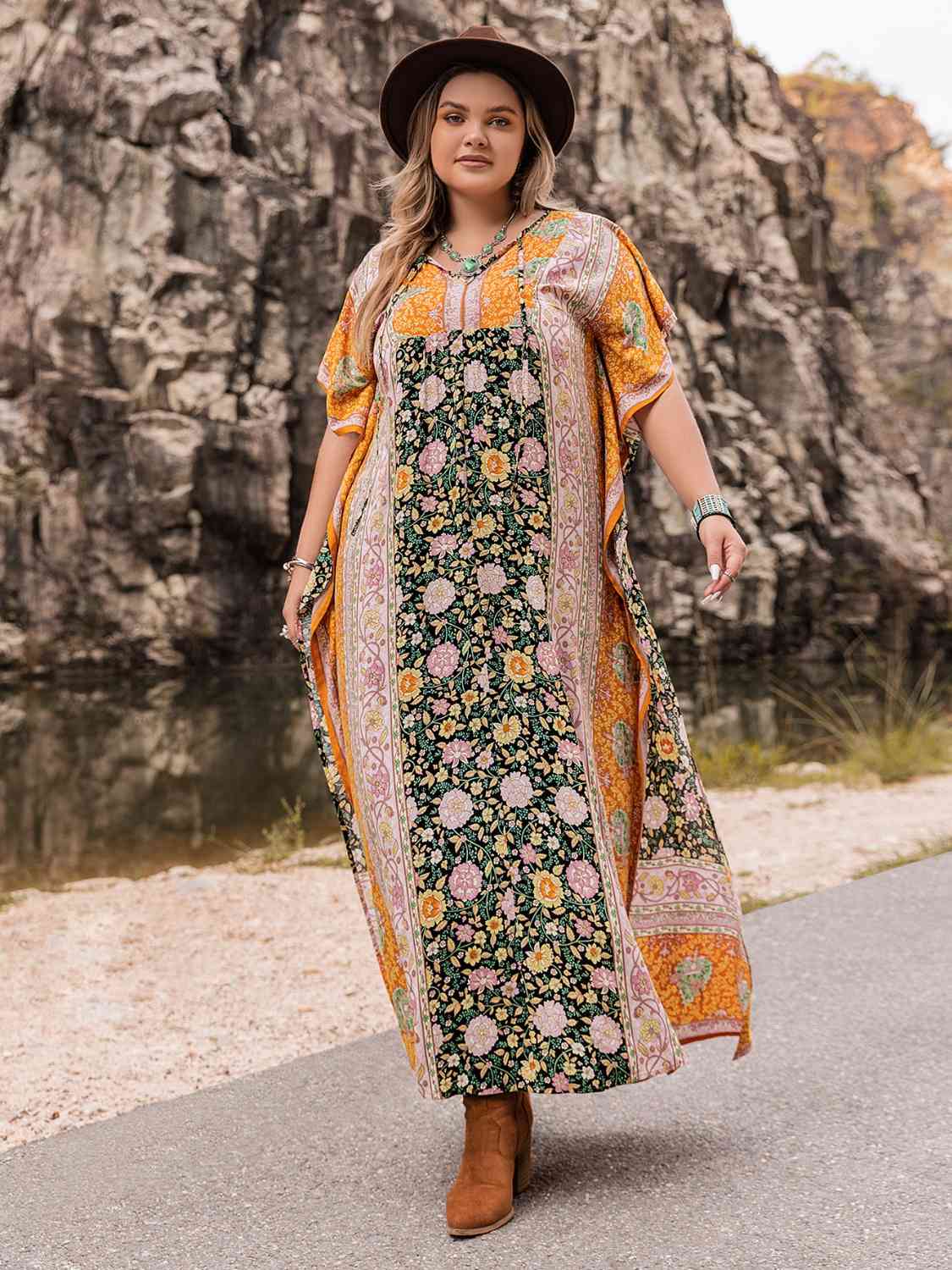 Plus Size Tie Neck Maxi Dress - Guy Christopher