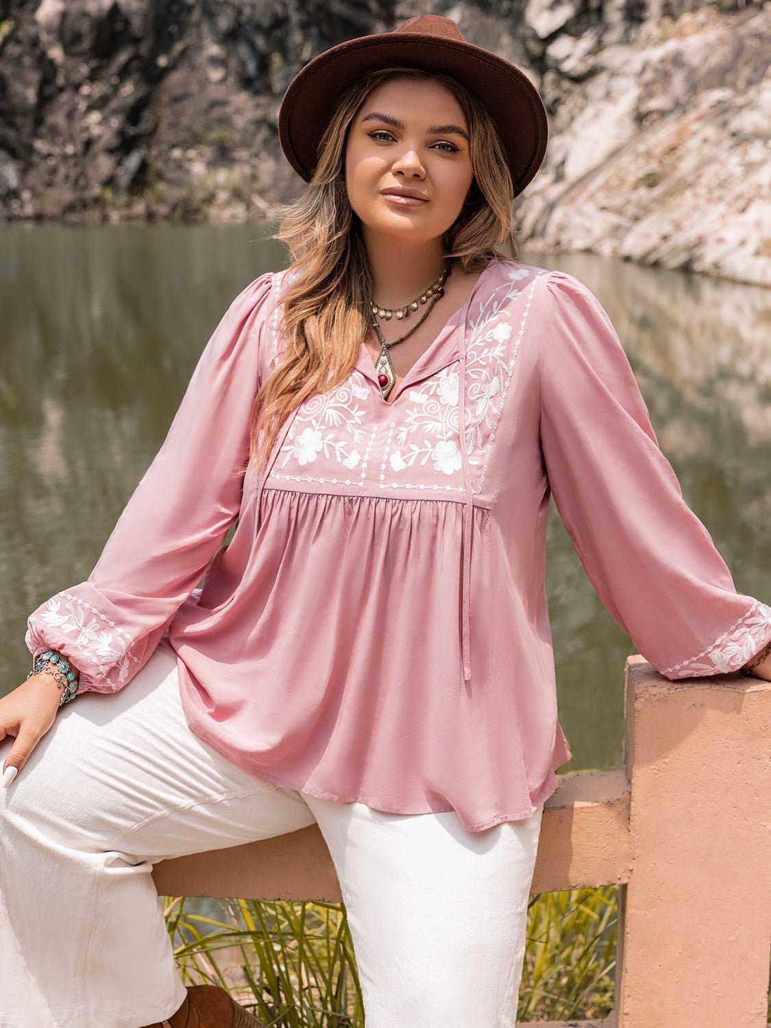 Plus Size Tie Neck Puff Sleeve Blouse - Guy Christopher