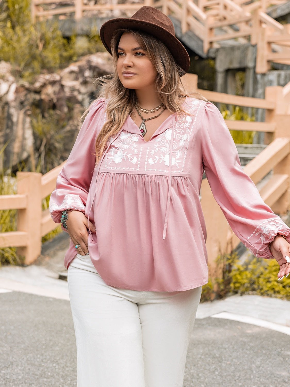 Plus Size Tie Neck Puff Sleeve Blouse - Guy Christopher