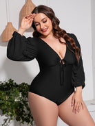 Plus Size Tied Deep V Balloon Sleeve One-Piece Swimsuit - Guy Christopher