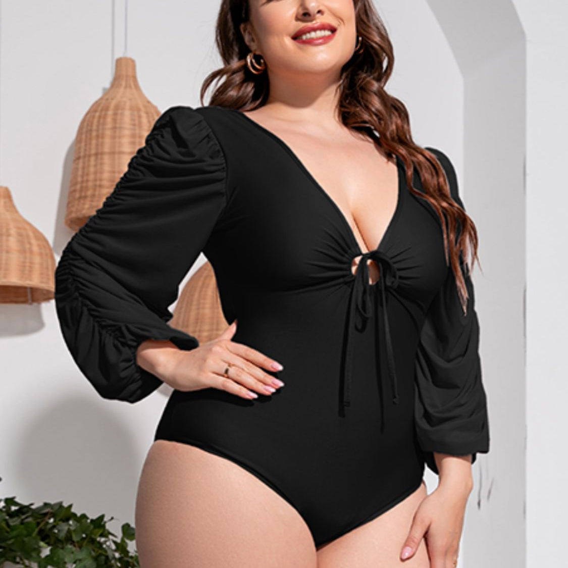 Plus Size Tied Deep V Balloon Sleeve One-Piece Swimsuit - Guy Christopher