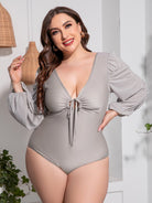 Plus Size Tied Deep V Balloon Sleeve One-Piece Swimsuit - Guy Christopher