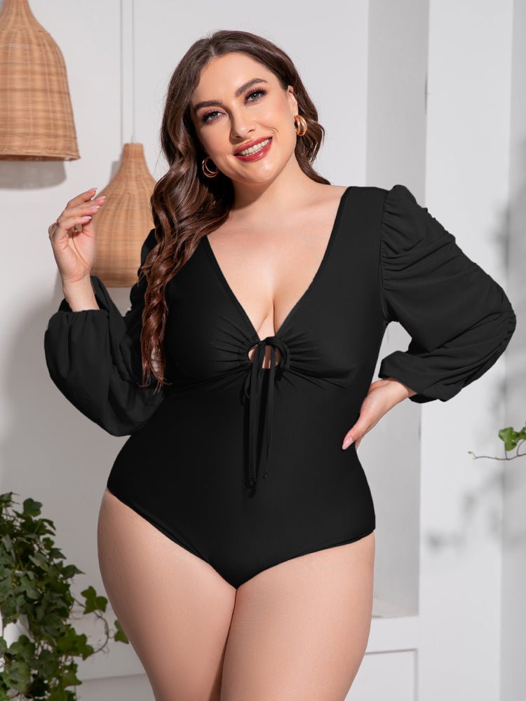 Plus Size Tied Deep V Balloon Sleeve One-Piece Swimsuit - Guy Christopher