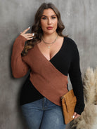 Plus Size Two-Tone Surplice Neck Sweater - Guy Christopher