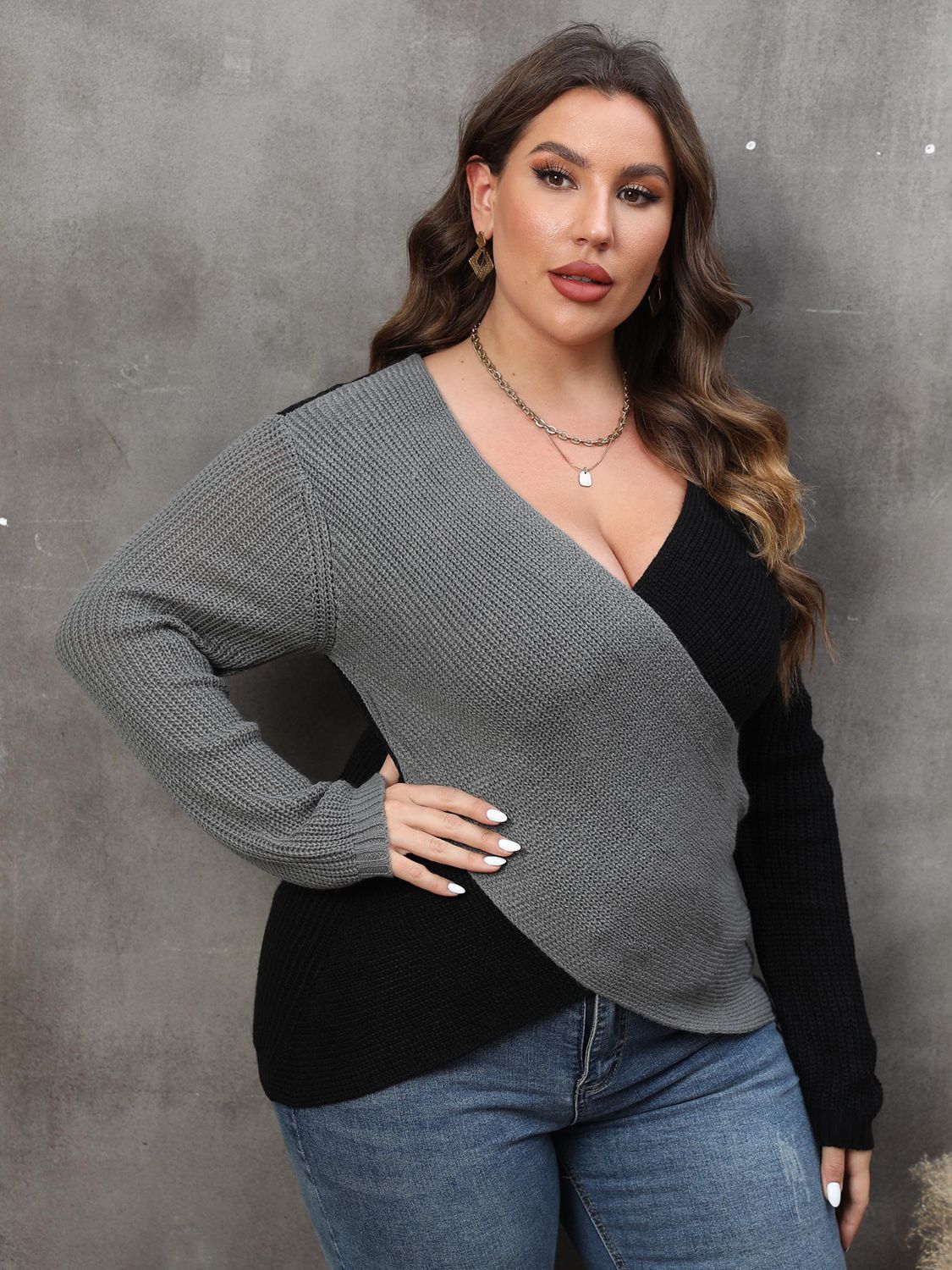 Plus Size Two-Tone Surplice Neck Sweater - Guy Christopher