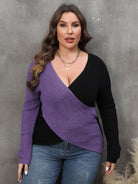 Plus Size Two-Tone Surplice Neck Sweater - Guy Christopher