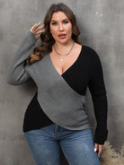 Plus Size Two-Tone Surplice Neck Sweater - Guy Christopher