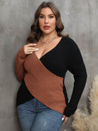 Plus Size Two-Tone Surplice Neck Sweater - Guy Christopher