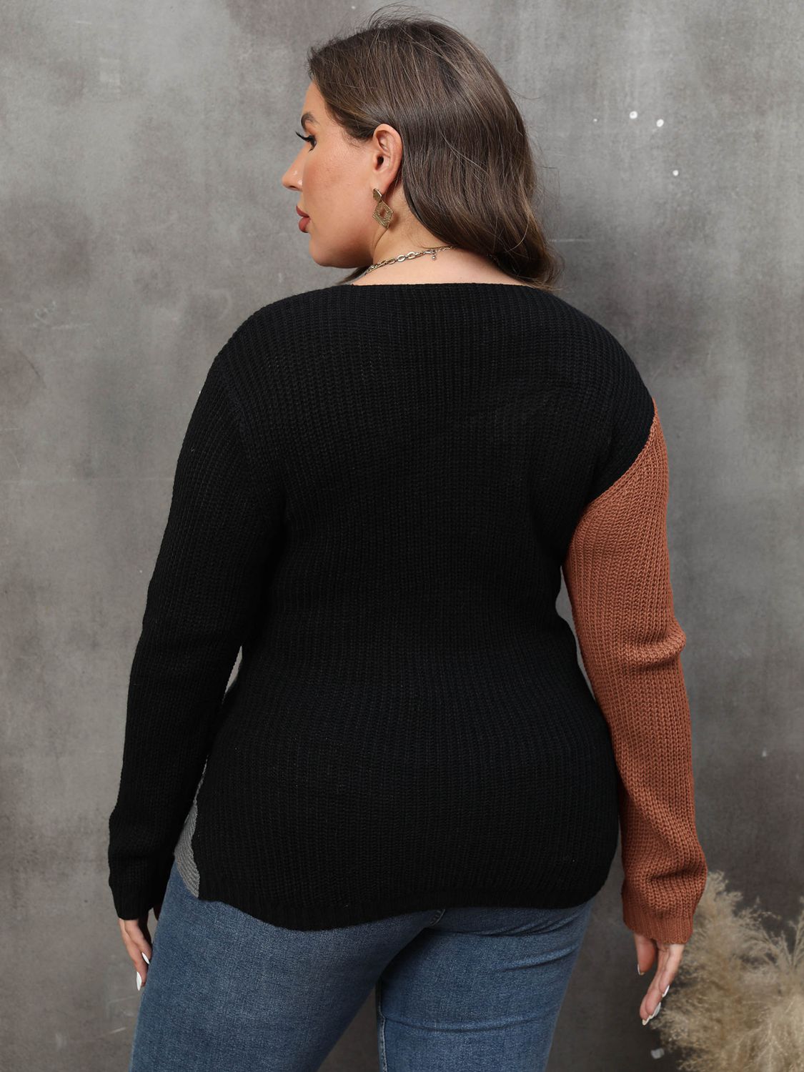 Plus Size Two-Tone Surplice Neck Sweater - Guy Christopher