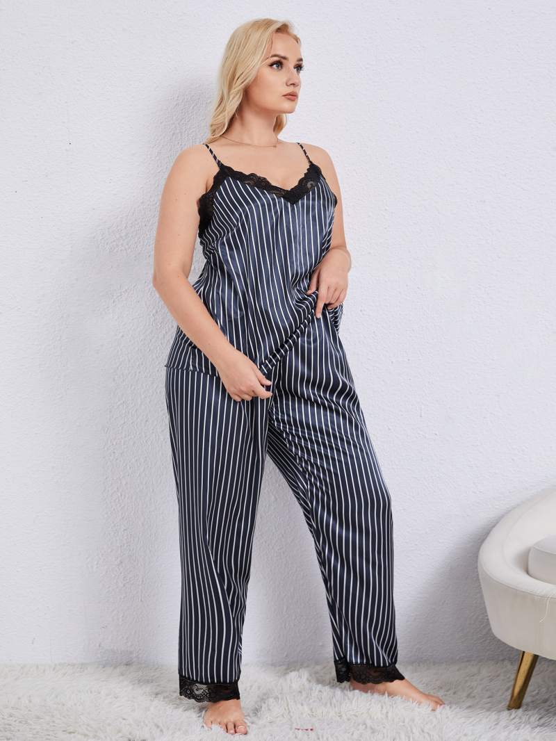 Plus Size Vertical Stripe Lace Trim Cami and Pants Pajama Set - Guy Christopher