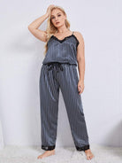 Plus Size Vertical Stripe Lace Trim Cami and Pants Pajama Set - Guy Christopher