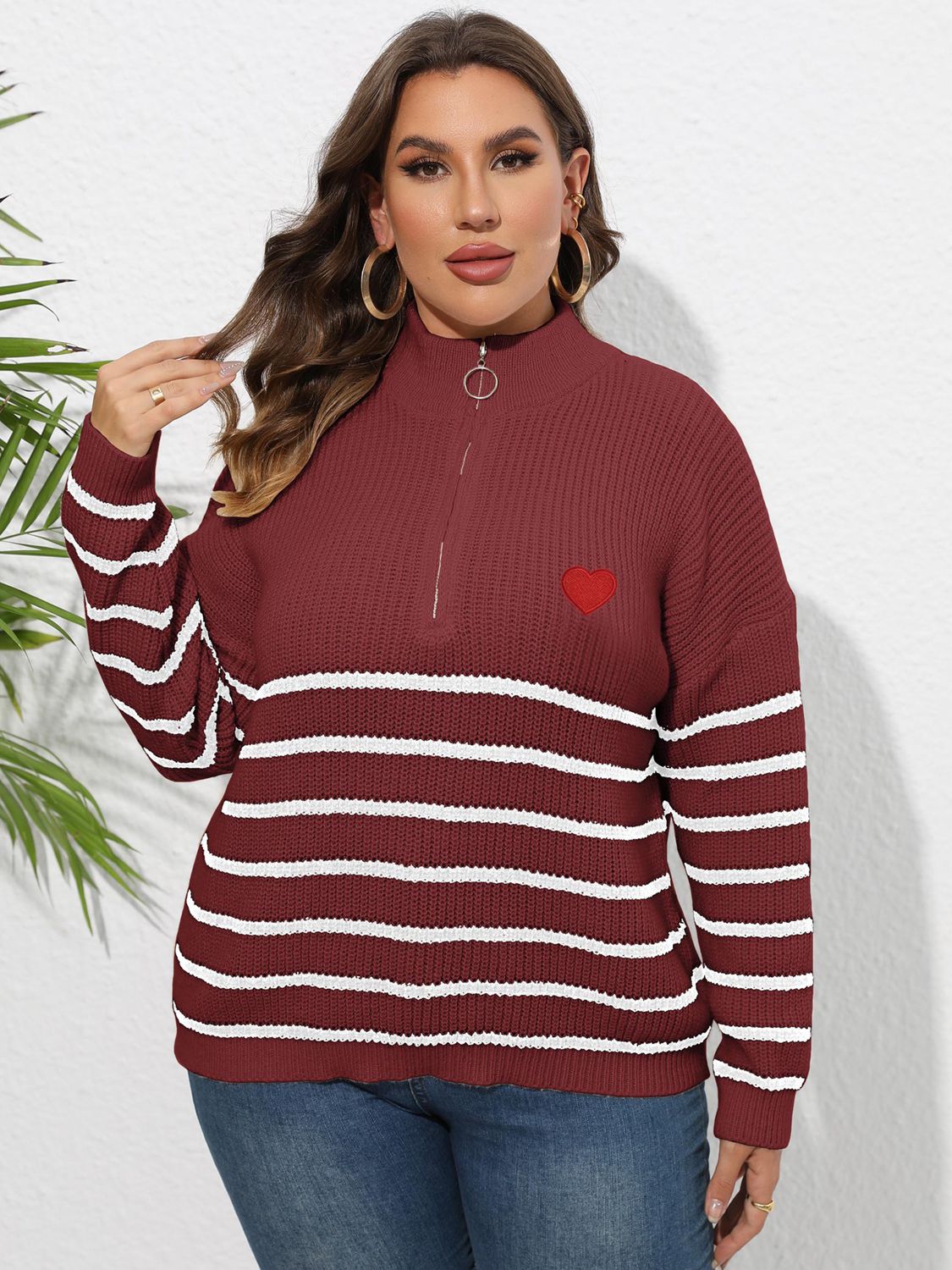 Plus Size Zip-Up Striped Sweater - Guy Christopher