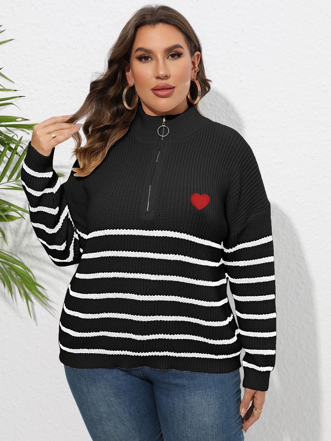 Plus Size Zip-Up Striped Sweater - Guy Christopher