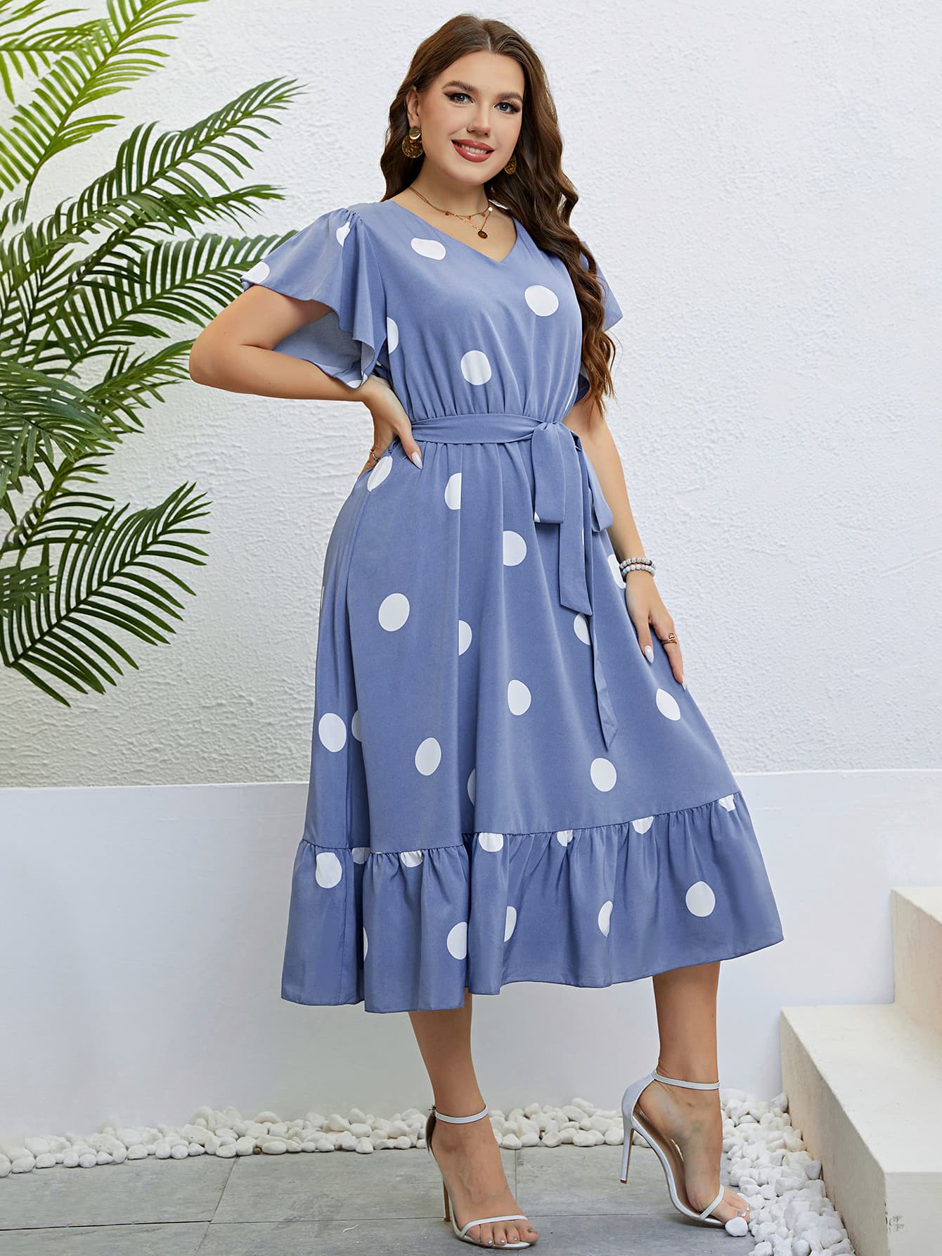 Polka Dot Belted Flutter Sleeve Ruffle Hem Dress - Guy Christopher