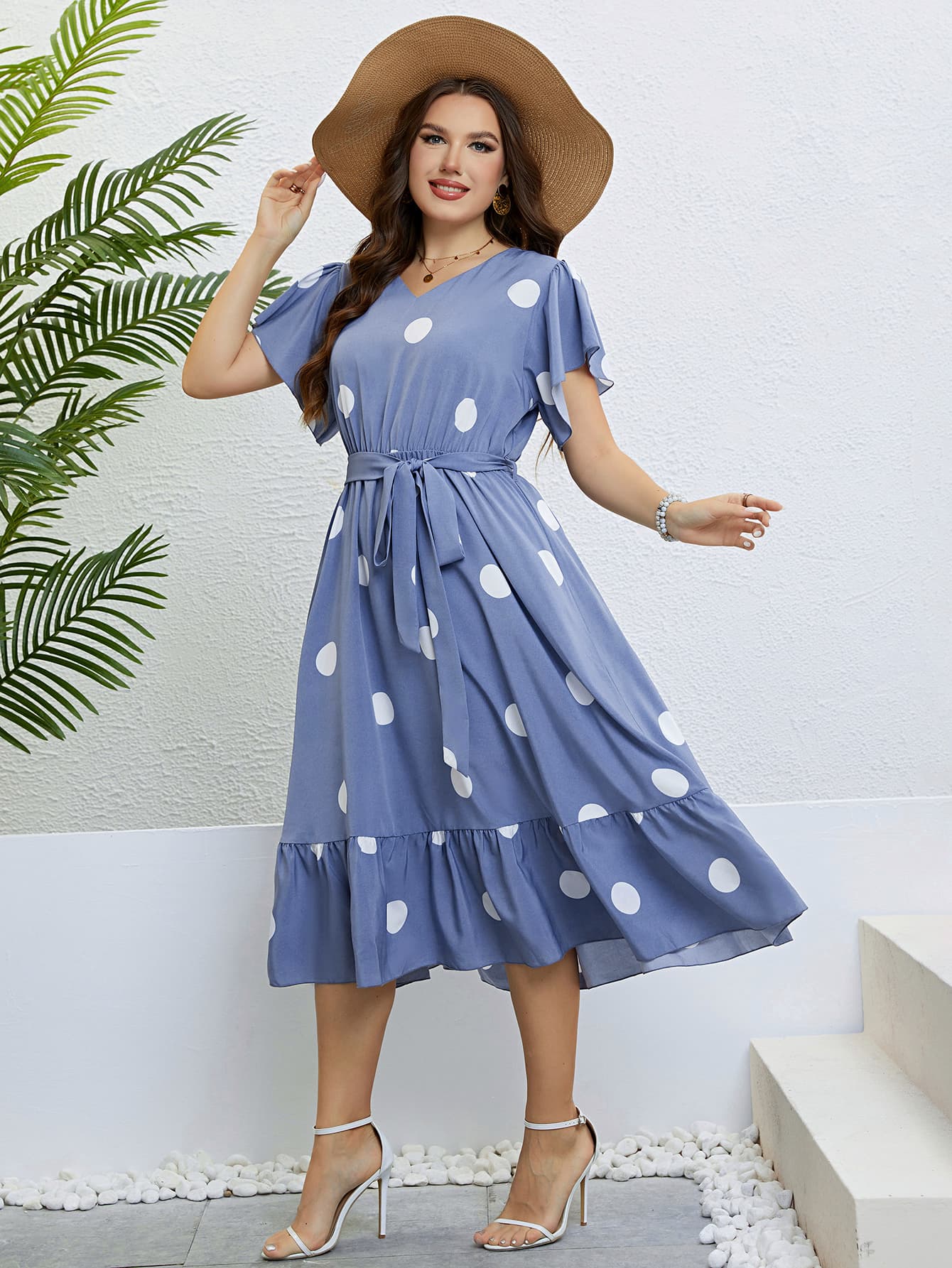 Polka Dot Belted Flutter Sleeve Ruffle Hem Dress - Guy Christopher