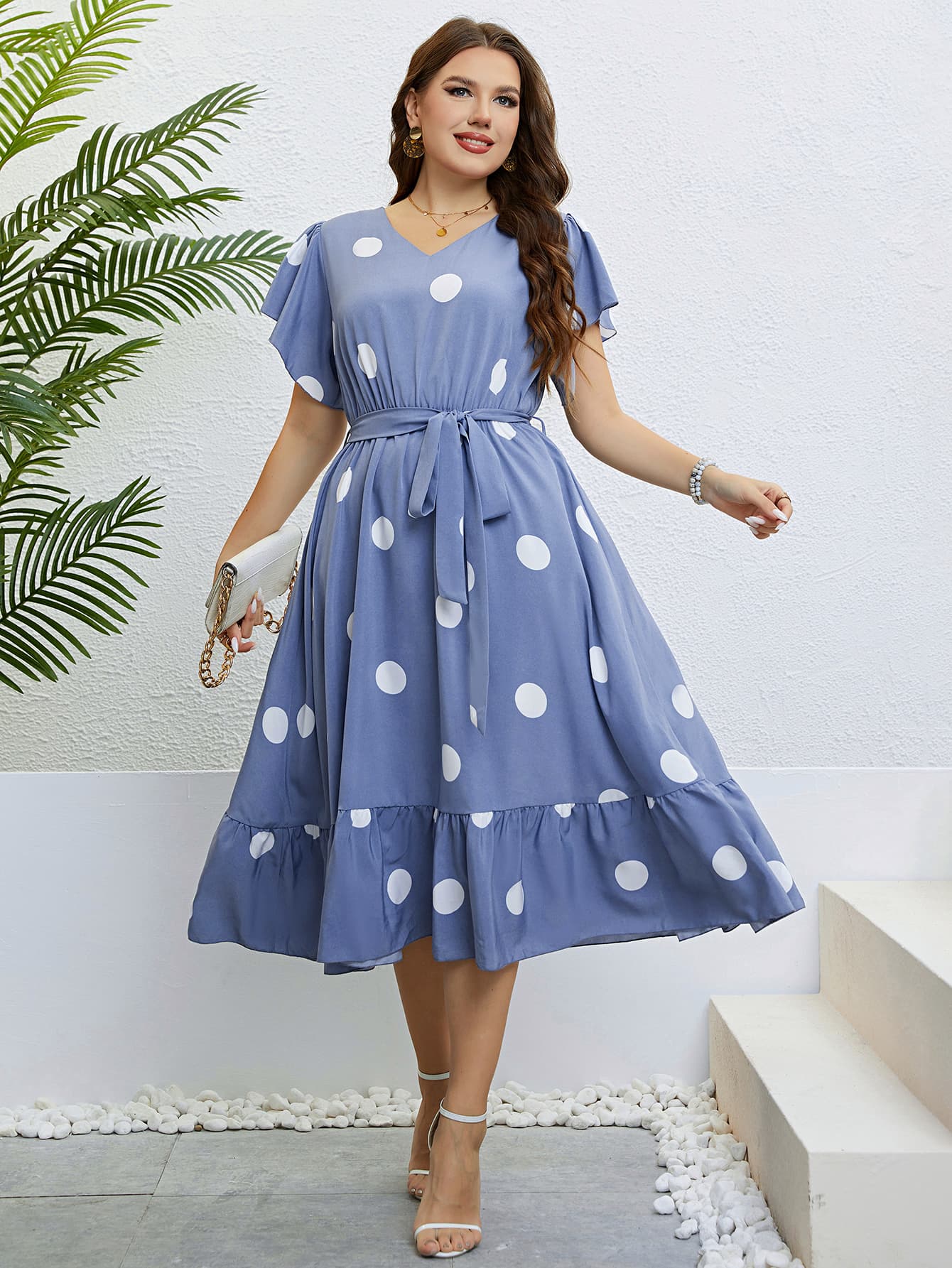 Polka Dot Belted Flutter Sleeve Ruffle Hem Dress - Guy Christopher