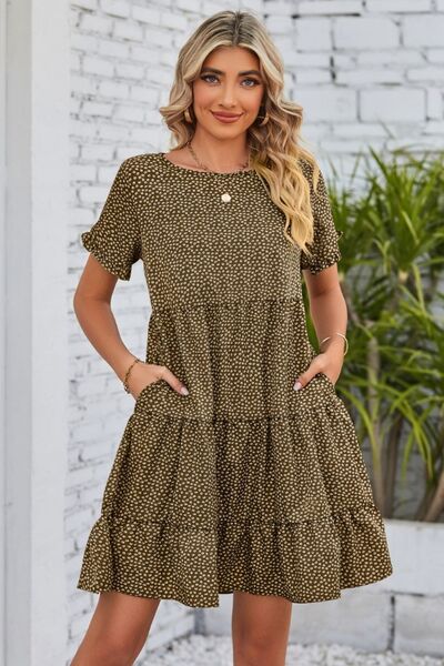 Polka Dot Round Neck Tiered Dress - Guy Christopher