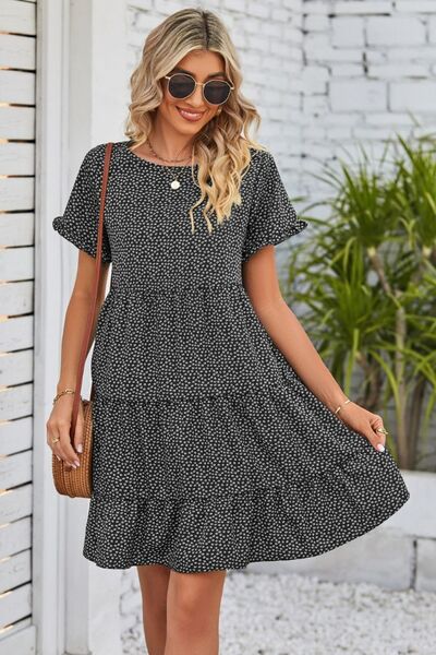 Polka Dot Round Neck Tiered Dress - Guy Christopher