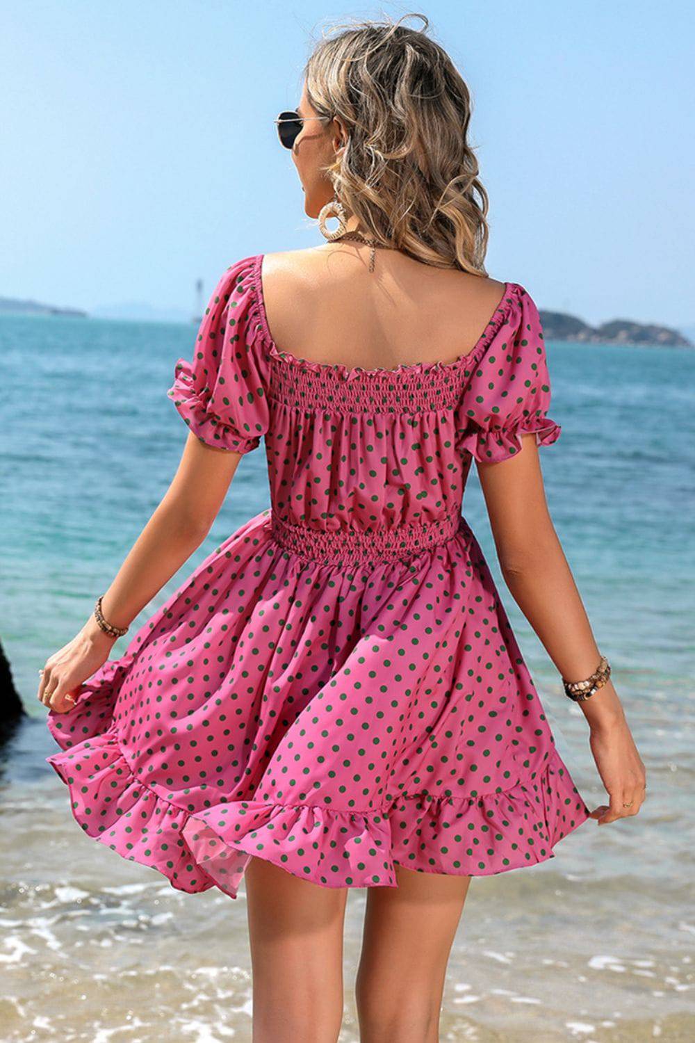 Polka Dot Square Neck Smocked Waist Dress - Guy Christopher