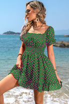 Polka Dot Square Neck Smocked Waist Dress - Guy Christopher