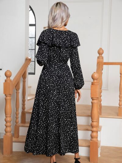 Polka Dot Tie Front Long Sleeve Slit Dress - Guy Christopher