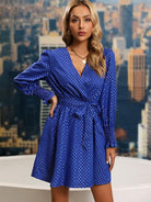 Polka Dot Tie Front Smocked Long Sleeve Dress - Guy Christopher