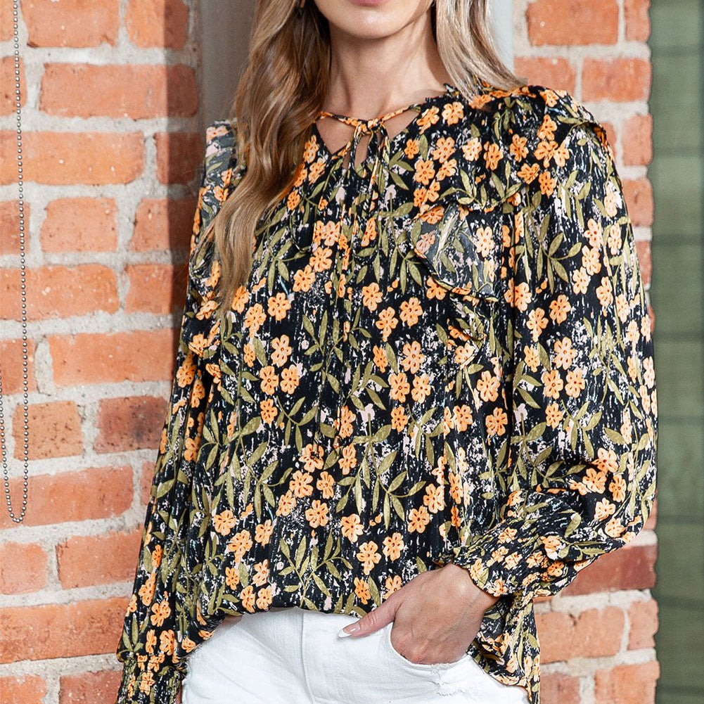 Printed Butterfly Sleeve Tie Neck Blouse - Guy Christopher