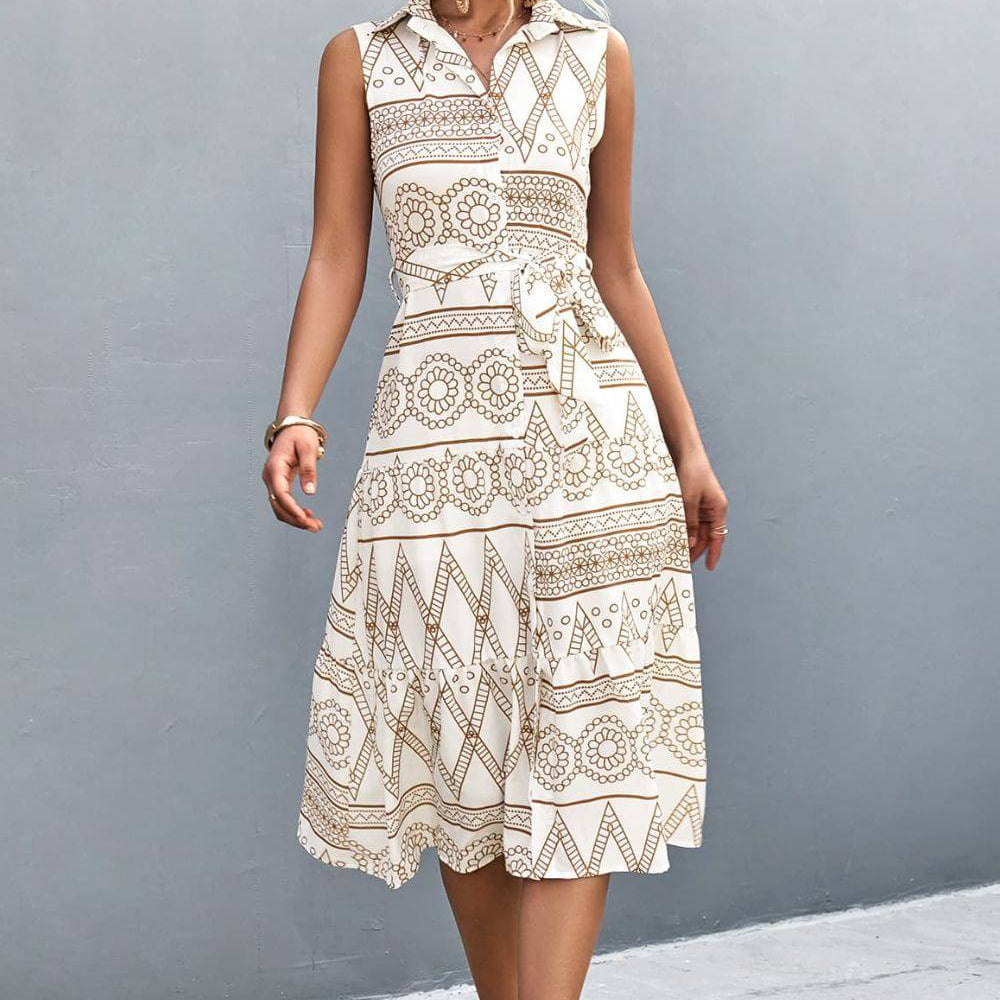 Printed Button Front Tie-Waist Sleeveless Collared Dress - Guy Christopher