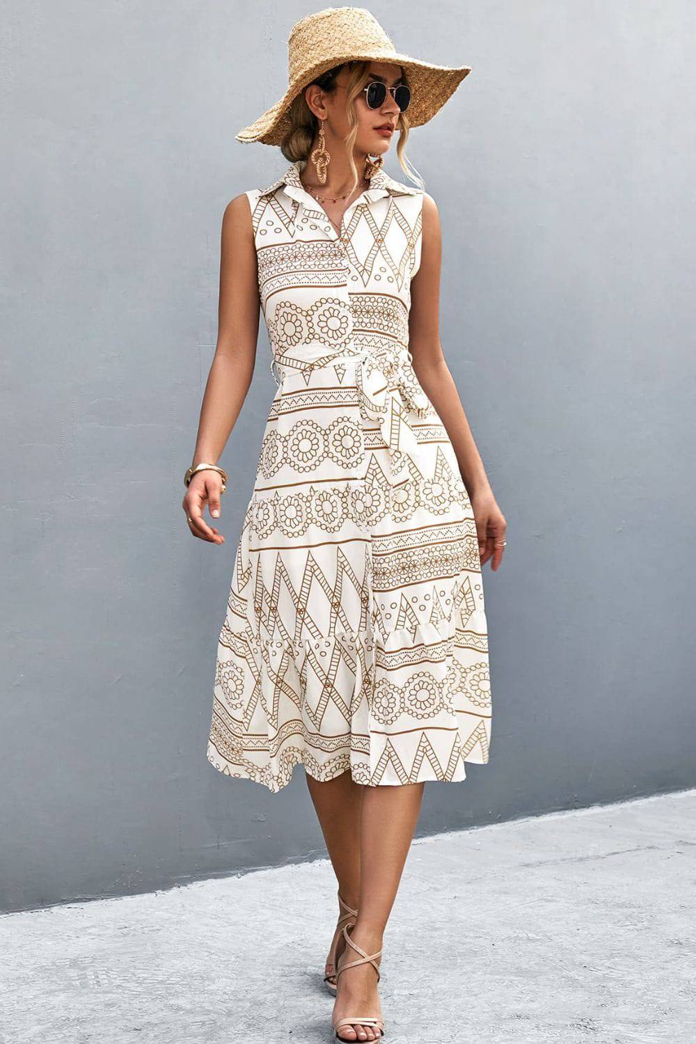 Printed Button Front Tie-Waist Sleeveless Collared Dress - Guy Christopher