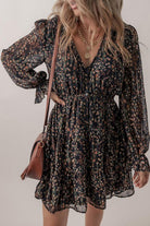 Printed Buttoned V-Neck Flounce Sleeve Dress - Guy Christopher