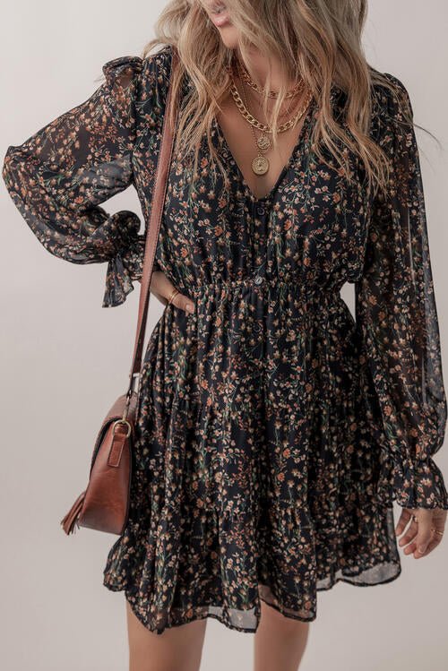 Printed Buttoned V-Neck Flounce Sleeve Dress - Guy Christopher