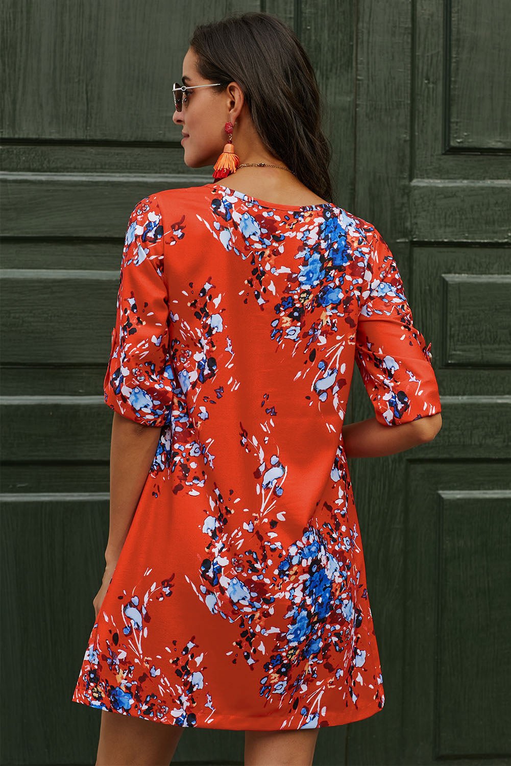 Printed Buttoned V-Neck Half Sleeve Dress - Guy Christopher