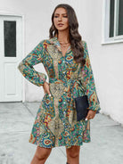 Printed Collared Neck Long Sleeve Dress - Guy Christopher