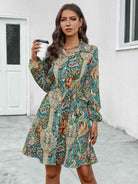 Printed Collared Neck Long Sleeve Dress - Guy Christopher