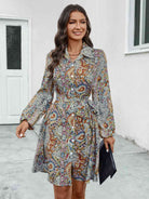 Printed Collared Neck Long Sleeve Dress - Guy Christopher