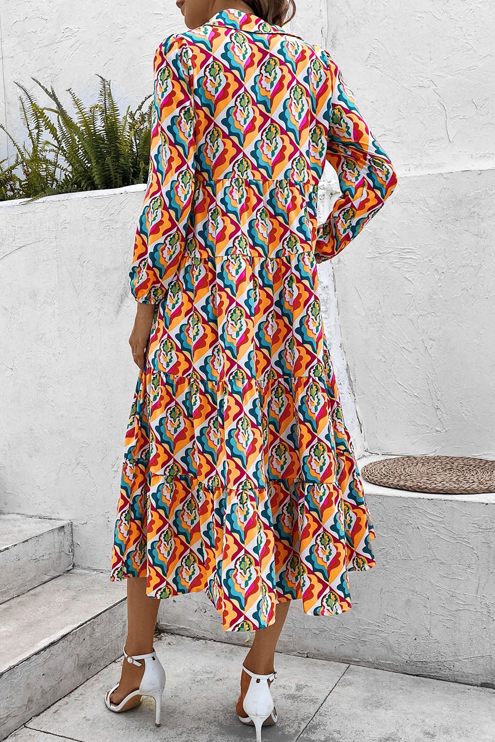 Printed Collared Neck Long Sleeve Dress - Guy Christopher