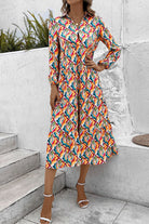 Printed Collared Neck Long Sleeve Dress - Guy Christopher