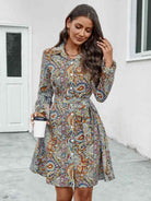 Printed Collared Neck Long Sleeve Dress - Guy Christopher