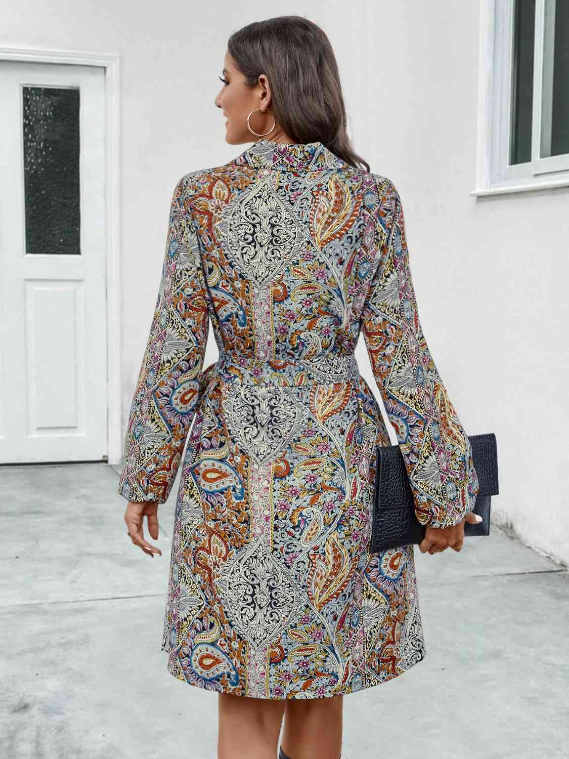 Printed Collared Neck Long Sleeve Dress - Guy Christopher