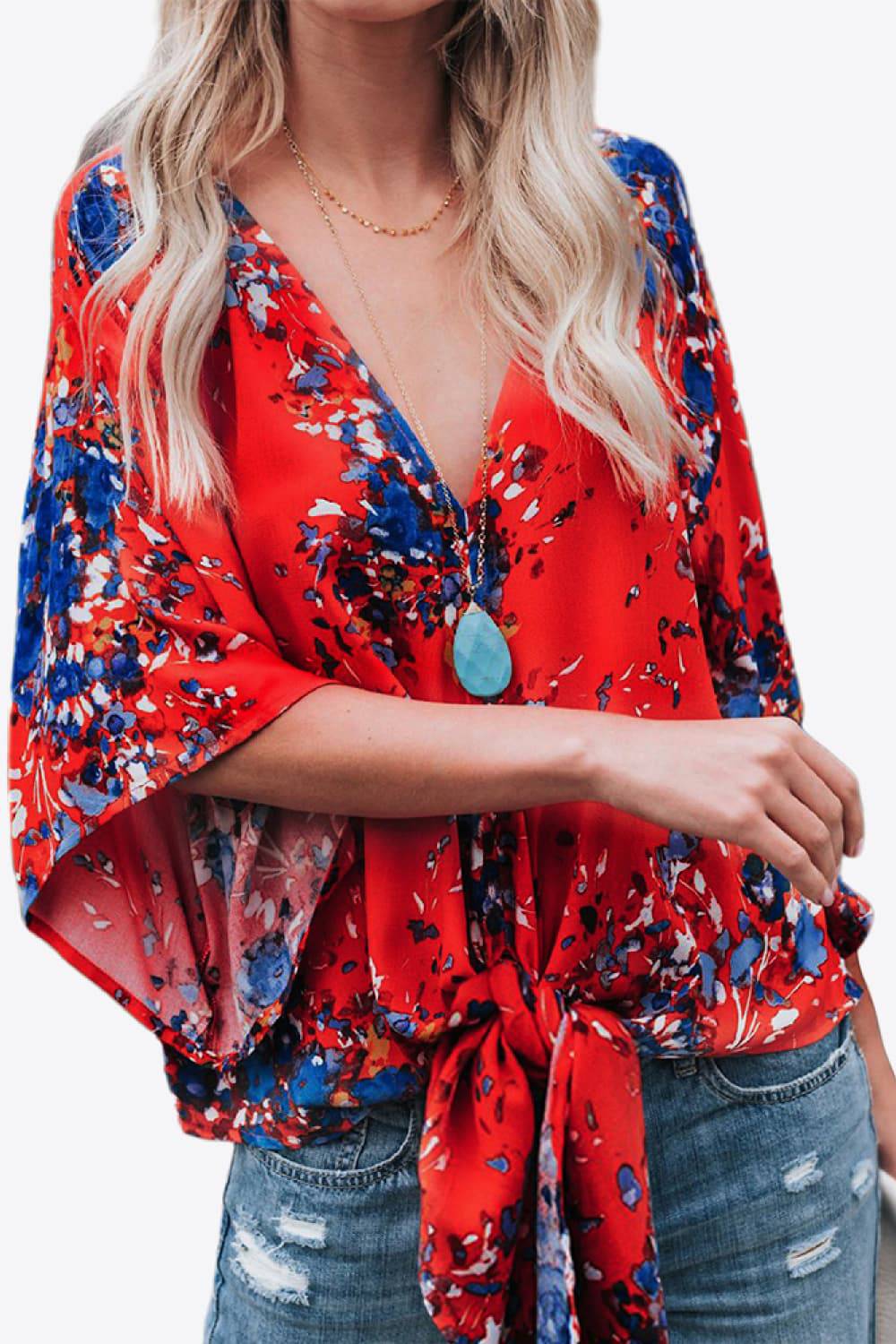 Printed Deep V Tie Hem Blouse - Guy Christopher