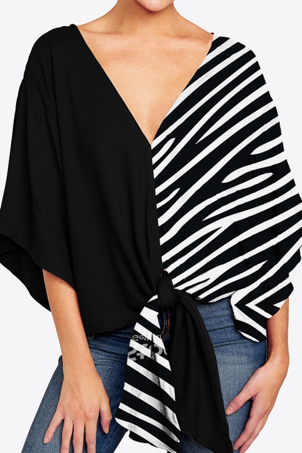 Printed Deep V Tie Hem Blouse - Guy Christopher