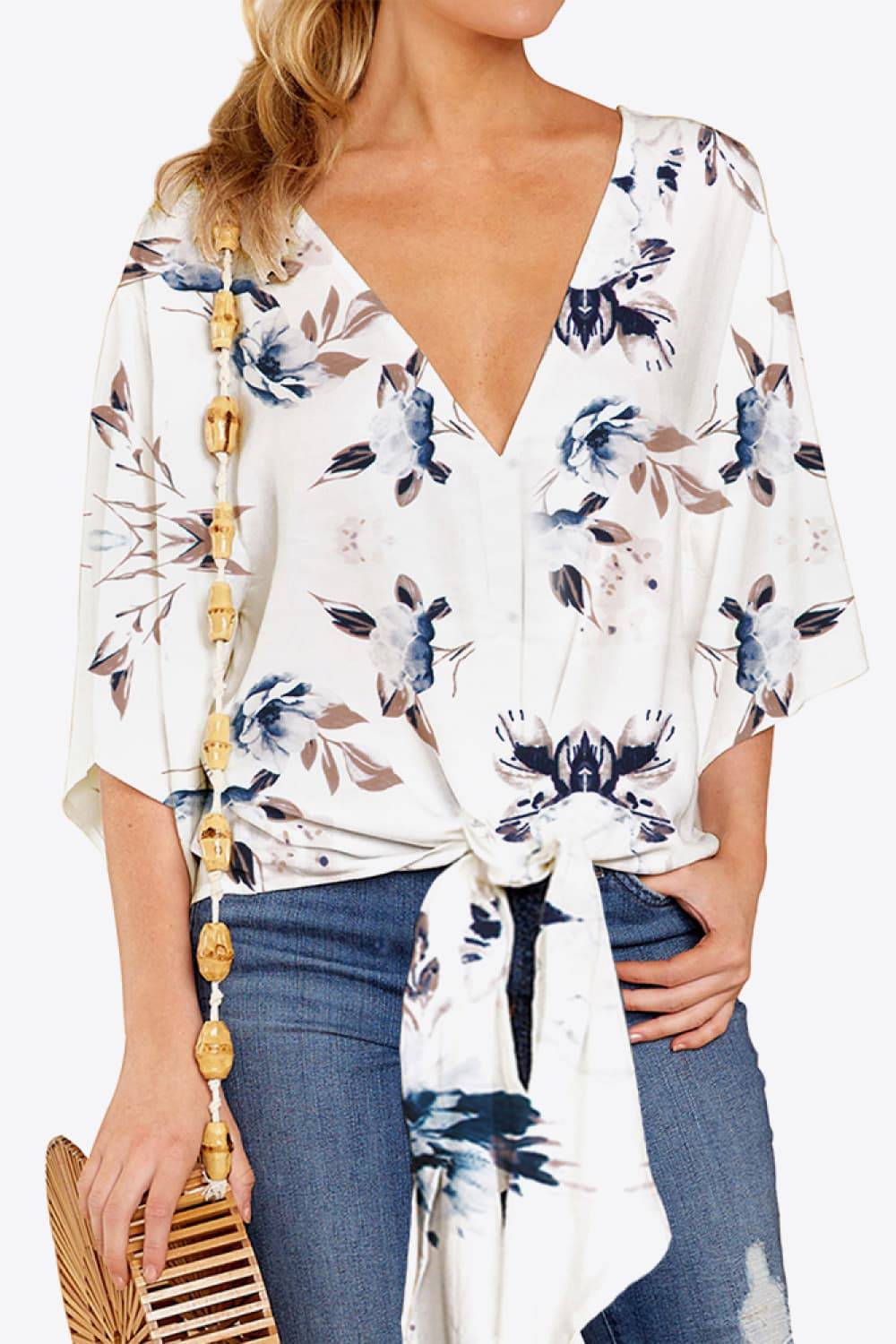 Printed Deep V Tie Hem Blouse - Guy Christopher