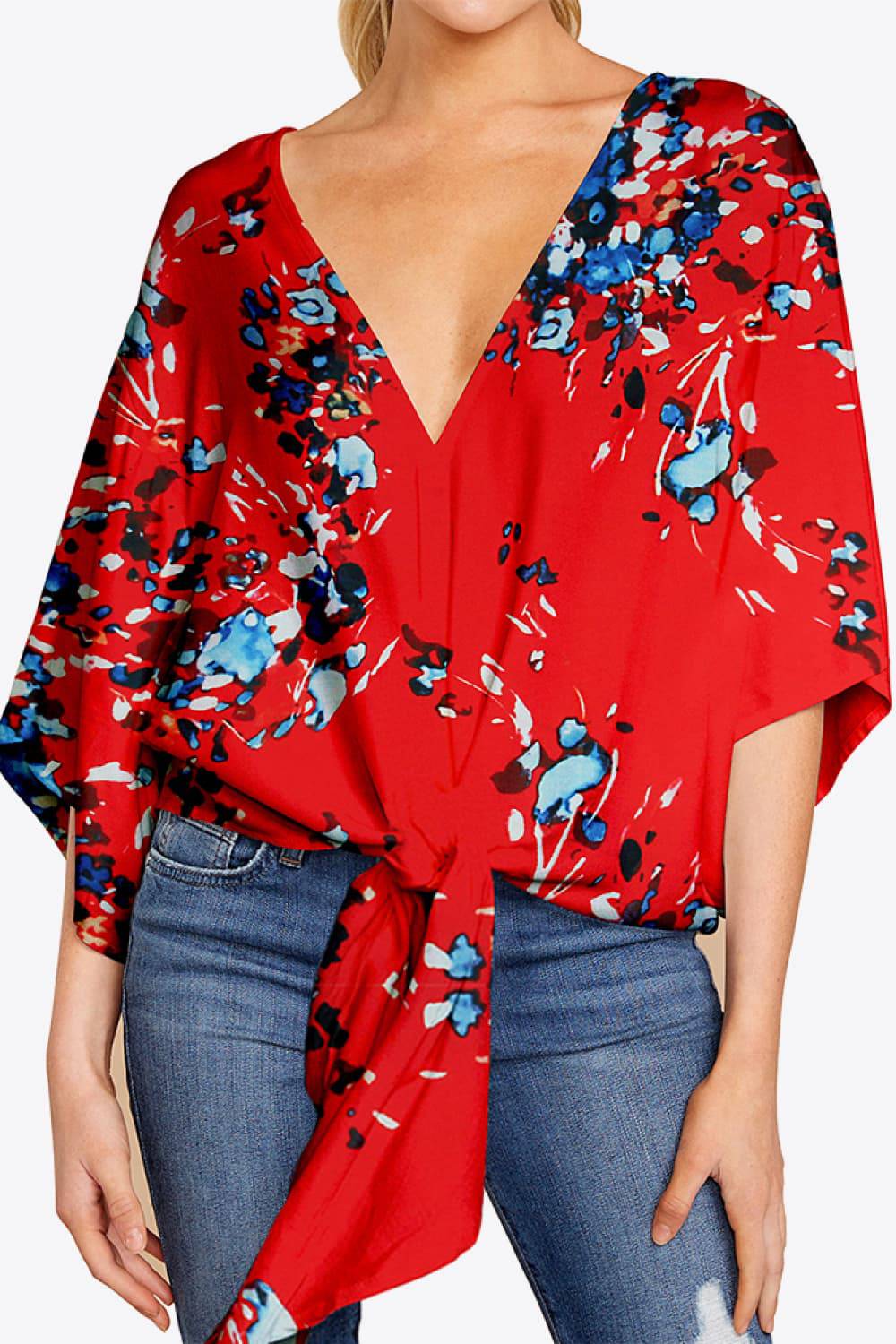 Printed Deep V Tie Hem Blouse - Guy Christopher