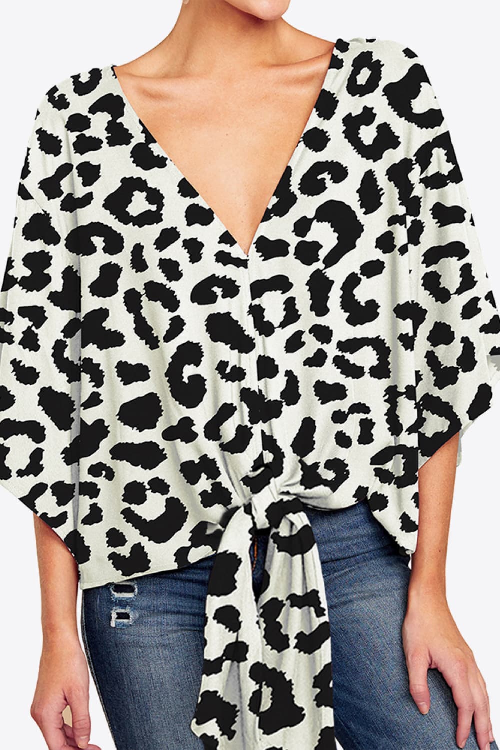 Printed Deep V Tie Hem Blouse - Guy Christopher