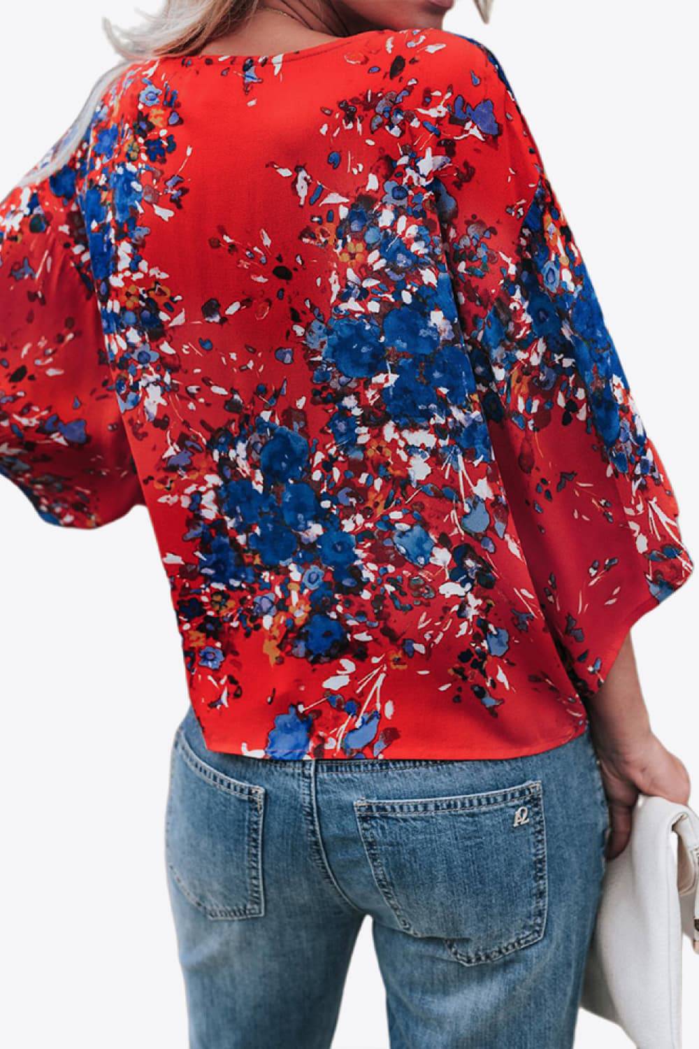 Printed Deep V Tie Hem Blouse - Guy Christopher