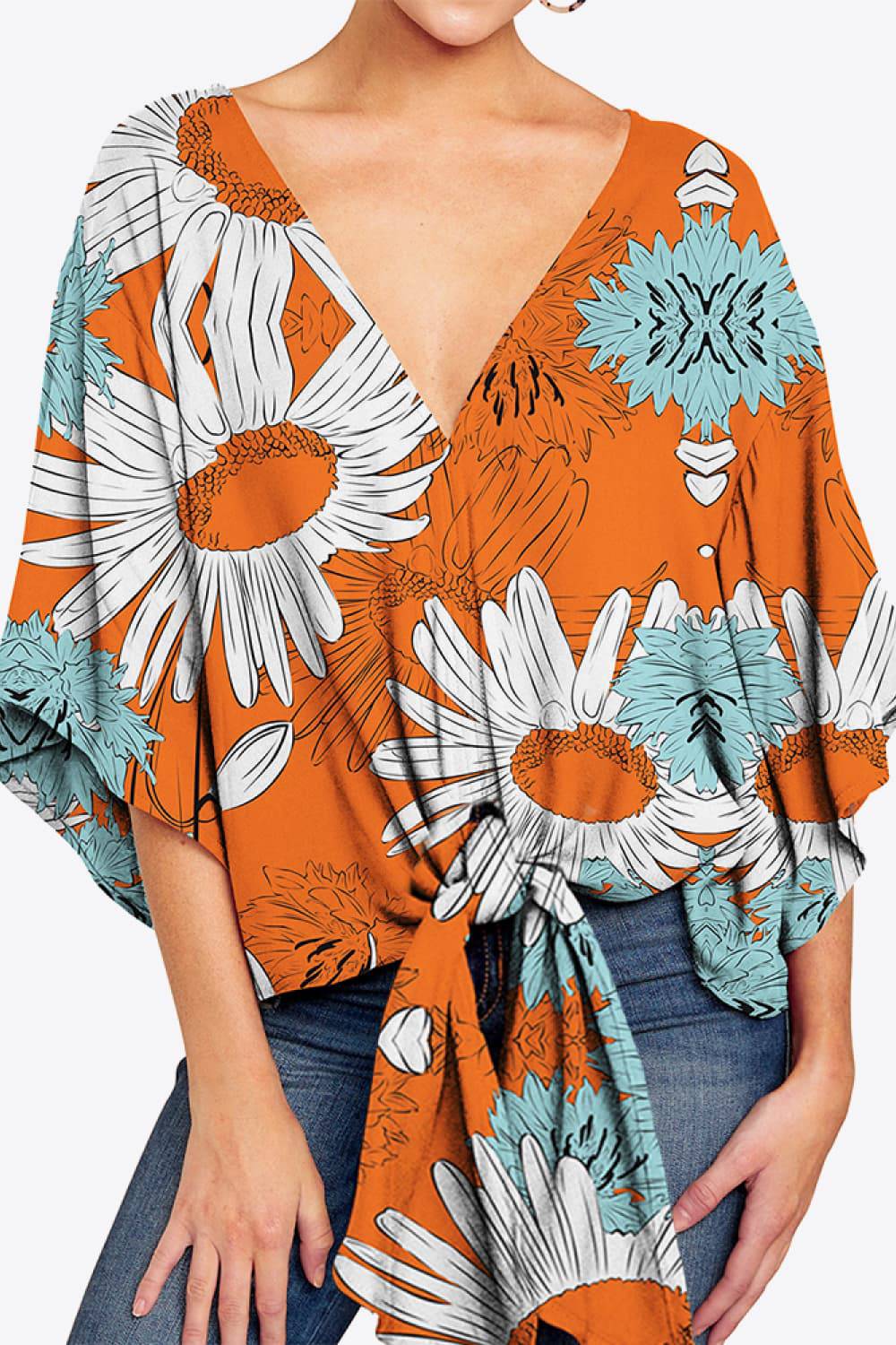 Printed Deep V Tie Hem Blouse - Guy Christopher